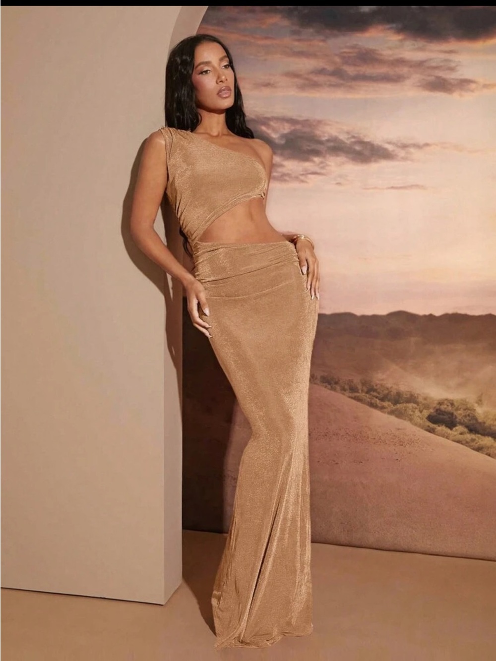 SHEIN One-Shoulder Ruched Maxi Dress in Camel Brown